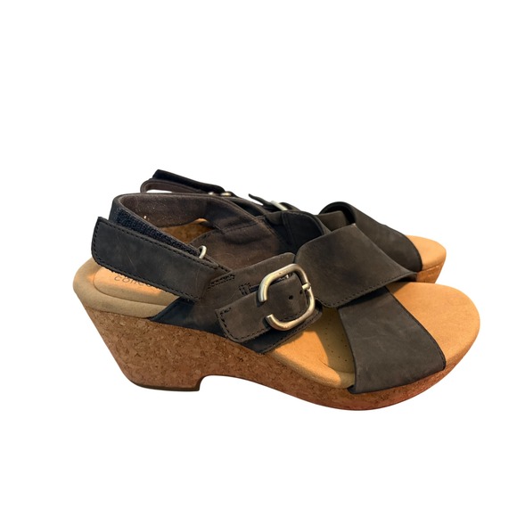 Clarks Shoes - Clarks Giselle Dove Wedge Sandals Navy Nubuck Women's Size 9.5W Comfort Cork
